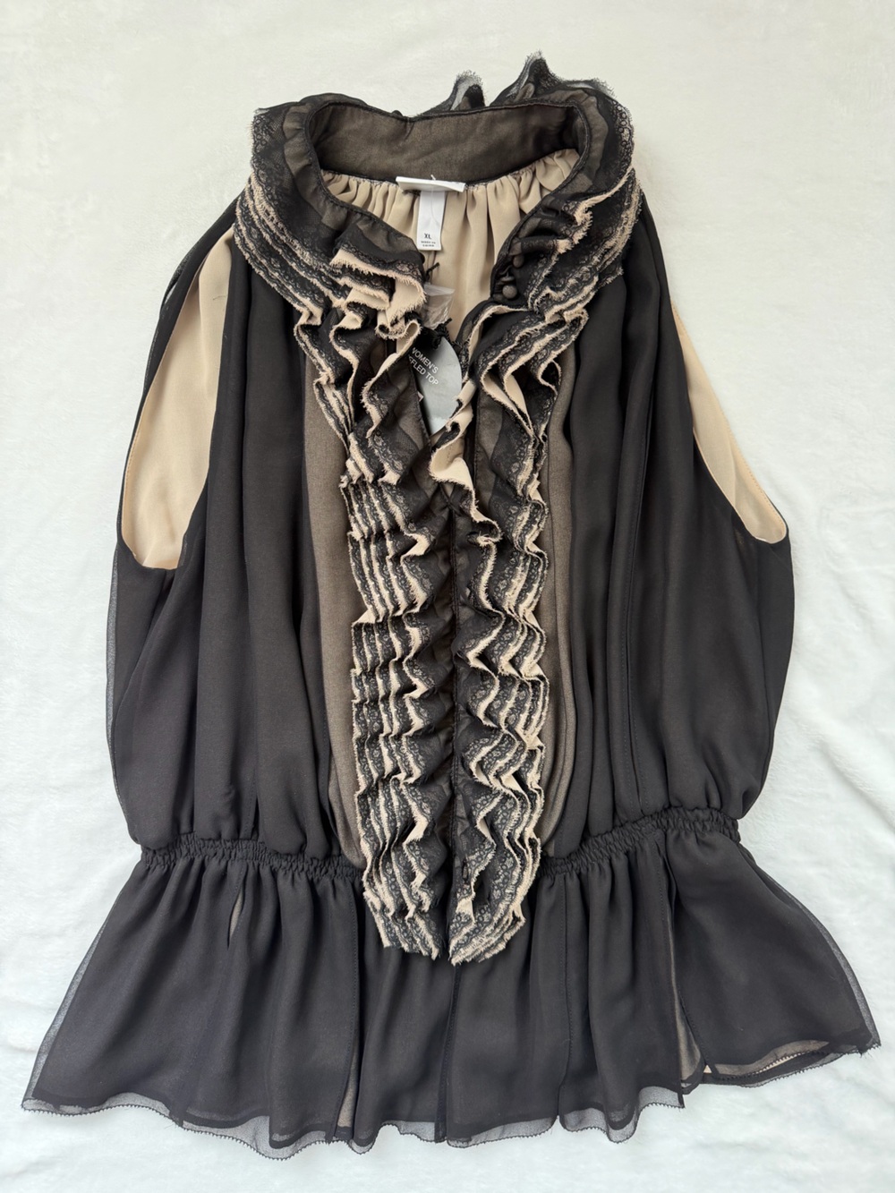 Robert Rodriguez Black and Beige Ruffle Front Chiffon Blouse